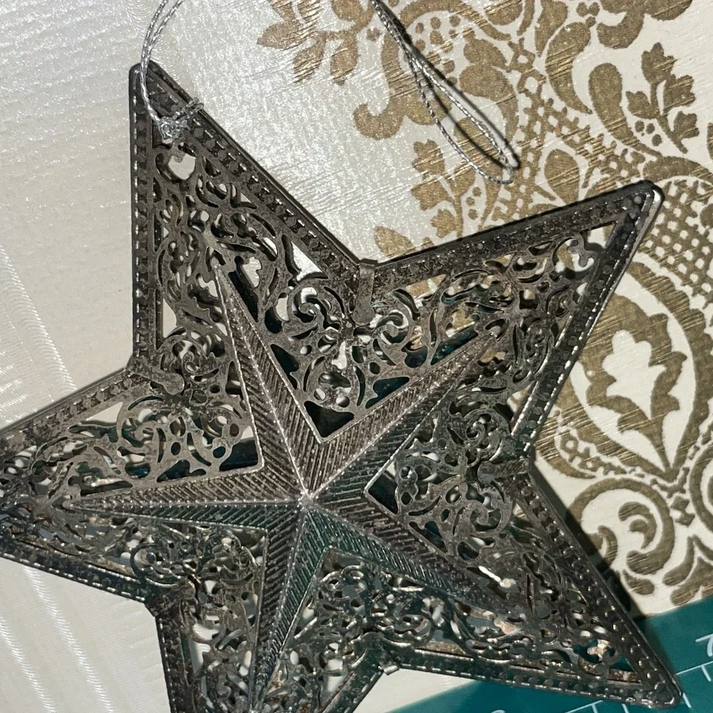x2 Decorative Star Ornament Silver Colored Metal Intricate Punched Tin Filigree
